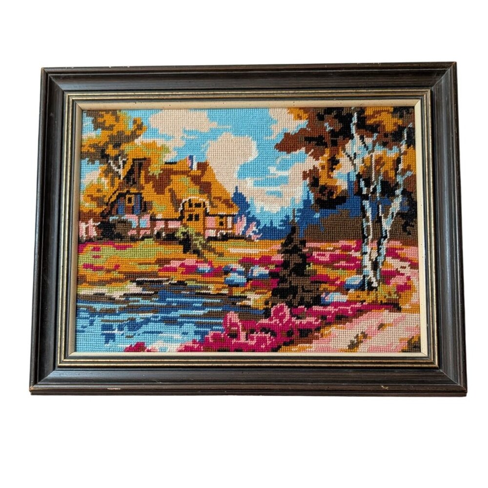 Vintage Needlepoint Tapestry Framed Scenic Landscape Art Piece 14.5x18.5 Inches